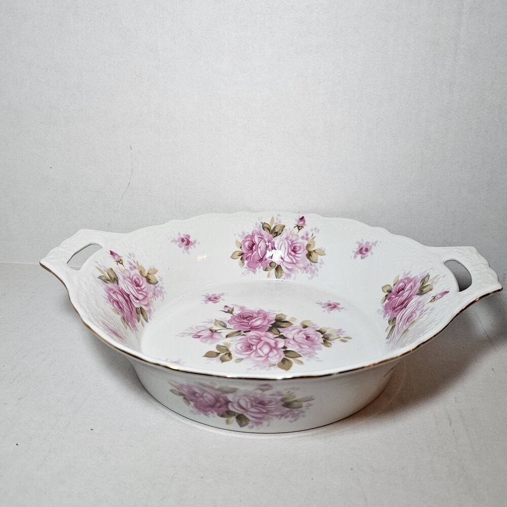 VTG Andrea by Sadek Round Serving Bowl Pattern 8118 Pink Roses Gold Trim Handles